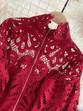 Lace Hollow Out Short Blouse Casual Lantern Long Sleeve Stand Collar Shirts Female Elegant Red/Pink/White Loose Tops