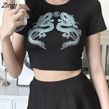 Women Short Sleeve O Neck Dragon Print T-shirt Summer Fashion Crop Top for Shopping Daily