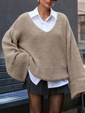 And Winter Loose Street Open Fork V-Neck Sweater Women's Horn Sleeve Coarse Knitted Languid Retro Tide