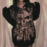 Skull Print Zip Up Oversized HoodieOutfit
