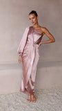 Zingj Years Sexy Inclined Shoulder Closed Waist Lace Satin Lantern Sleeve Dress Women's