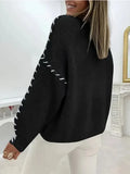 Leisure Pure Color Round Collar Knitted Shirt Wear Rope Design Loose Lanky Long Sleeve Sweater Female
