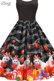 Winter Christmas Women Sexy Spaghetti Strap Swing Party Dress Vintage Robe Santa Snowflake Print