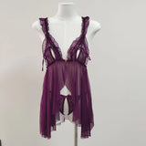 Pajamas Female Senior Lace Front Buckle Fork Mesh Slim Transparent Pure Desire Sling Aja Skirt Home