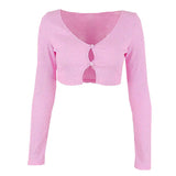 Zingj 2023 New Hot Style Sexy V-Neck Long-Sleeve Cardigan Super Short Slim T-Shirt Top