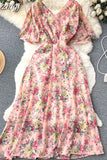 Women Floral Dress Vintage Red/Blue/Pink/White Sexy V-Neck Short Flare Sleeve High Waist Elegant A-Line Vestidos 2023