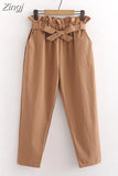 Spring Summer Bow Belt Solid Elastic High Waist Casual Harem Pants Korean Sweet Girls Ankle-Length Cotton Long