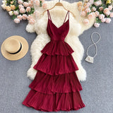Women Draped Ruffle Spaghetti Strap Dress Sexy Vacation Beach Vestidos Female Elegant High Waist Slim Midi Robe 2023