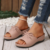 New Summer Slope And Fish Mouth Slippers Women's Shoes Casual Large Size Coarse And Slippers Bow Solid