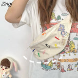 Casual Waist Bags Women Canvas Simple Fanny Belt Pack Brooch Decor Ladies Bum Bag Zipper Cross Body Pouch Students