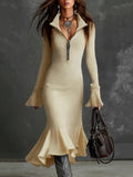 Fashion Elegant Temperament Zippered Horn Sleeve Knitted Fishtail