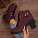High-Heeled Side Zipper Martin Boots Women's Singles Belt Buckle And Short Boots Round Head Tie And Bare