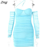 Mesh Strapless Pleated Dress Women Long Sleeve Sexy Off Shoulder Night Club Overalls Elegant Bodycon Backless Mini