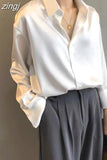 Fashion Button Up Satin Silk Shirt Vintage Blouse Casual Loose Button Up Down Shirts Tops Lady Long Sleeve Female
