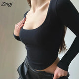 Women's Spring Autumn Skinny Basic Crop Tops Solid Color Long Sleeve Square Collar Slim Fit Pullover