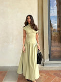 Solid Irregular Pleated A-line Maxi Dress Women Elegant Diagonal Collar Short Sleeve Robe 2024 Summer Lady Chic