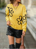 Women's Spring And Autumn Solid-Colored Flowers Knitted Sweater Fashion Collar Long-Sleeved
