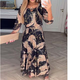 Summer New Temperament Elegant Seven-Sleeve Print Waist Dress Women's