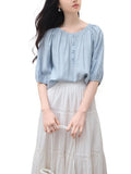 Blue Shirt Women's Round Collar 2025 Summer Dress New French Commuting Shirt Casual Loose Mid-Sleeve Top