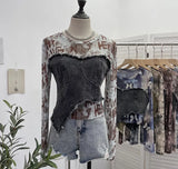 Shooting Tie-Dye Print Spliced Denim T-Shirt Girl Autumn Design Sense Irregular Hair Side Short-Sleeved Top