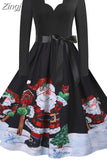 Women Christmas Dress Long Sleeve Vintage Elegant V Neck Print Big Swing Party Xmas New Year Winter Clothes S~3XL