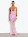 Women's V-Neck Sexy Suspension Slings Lown Repairs Beads Fishtail Dress