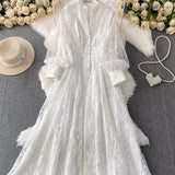Retro Elegant Dress Woman 2025 New High-End Collar Single Buckle Waist Embroidery Mesh