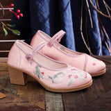 Zingj Heel Square With Women's Shoes A Word Buckle Shallow Spring And Summer New Embroidered Cloth Shoes With Horse Face Skirt High Heel Embroidered