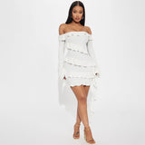 Autumn Women's New Fashion Long-Sleeved Horn Sleeves Shoulder Lotus Leaf Side Ribbon