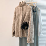 Women's Cotton Cashmere Lattice Half-High-Collar Sweater Korean Version Of The Student's Dress Dress Nice Hair Knitted