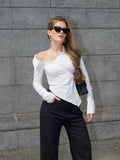 Autumn Irregularly Exposed Shoulder Buckle Shirt Female Pure Desire To Slim Slim Personality Design Fashion