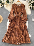 Vintage Women Printed Pleated Long Dress Elegant Round Neck Lantern Sleeve High Waist A-Line Maxi Vestidos Female