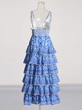 Spring 2025 New Fashion Sexy Blue Print V-Necked Leaf Side Design Sense Of The Body Of The Sling
