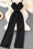 Sexy Women Romper Female Red/Orange/Black Sleeveless High Waist V-Neck Wide Leg Playsuit With Sashes New Fashion