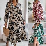 Shooting 2025 Autumn And Winter Leisure Flowers Waist Long-Sleeved Lotus Leaf-Side Dress Women's