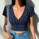 Zingj Floral Cross V-Neck Slim Short Crop Short-Sleeve T-Shirt Women's Top 2024 Summer New