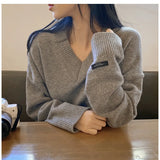Dark Academia Solid Color V-Neck Pullover SweaterOutfit
