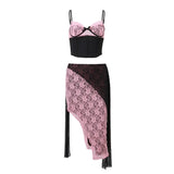 Zingj 2023 New Women's Sexy Lace Color Strap Top With Waist Skirt Suit