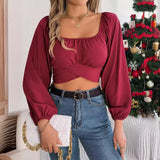 Shooting Spring And Summer Leisure Lantern Sleeves With Waist Chiffon Umbilled Tops Women's