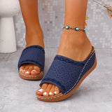 Summer New Women's Slope And Thick-Bottomed Slippers Large-Size Fish Mouth Wide Striped Heel