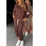 Knitted Women's Two-Piece Set Long-Sleeved Top And Casual Broad-Legged Pocket Trousers