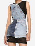 Trendy Women's Sleeveless Jeans Women's New Mesh Splicing Short Women's Dress Women's Clothing Tide In The Autumn And Winter Of