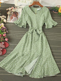 Women Blue/Green/Pink Polka Dot Dress 2023 Vintage High Waist A-line Ladies Vestidos Verano Casual V-neck Dresses