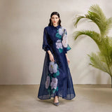 Court Dress Female Senior Sense Strap To The Waist Lantern Sleeve Print Single Buckle Mesh Elegant