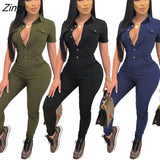 Women Jumpsuit Solid Color Summer Casual Lapel Neck Work Overalls Ladies Skinny Button Long jumpsuit