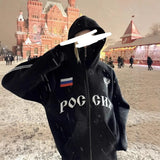 Double Hat Design Letter Hooded Cardigan Autumn And Winter Men And Women With The Same Loose Y2K
