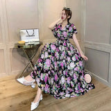 Short-Sleeved Chiffon Print Big Swing 100 Fold Design Dress A-Dress Loose Waist With Inner Lining Dress