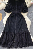 Women Lace Party Long Dress Vintage O-Neck Puff Short Sleeve High Waist Single Breasted A-Line Elegant Vestidos