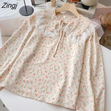 Floral Print Shirt Women Sweet Cute Peter Pan Collar Long Sleeve Laced Blouse Japanese Kawaii Lolita Tops Female