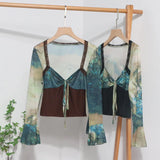 Spring Dress French Court Style Lace Lace Spliced Printed Horn Long-Sleeved T-Shirt